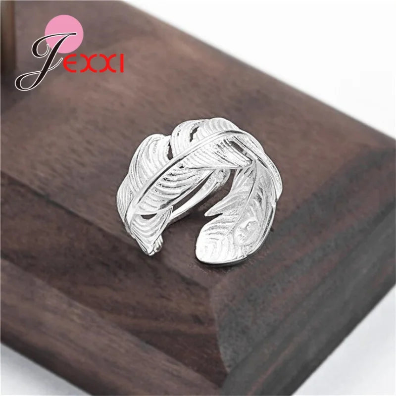 Adjustable 100% Authentic 925 Sterling Silver Feather Shape Open Finger Rings For Women Dazzling Jewelry Great Gift