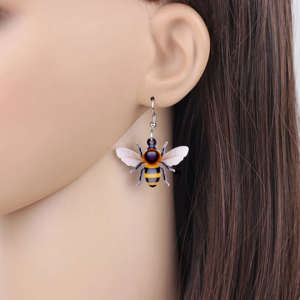 Acrylic Flying Honey Bee Insect Earrings Big Long Dangle Drop Novelty Animal Jewelry For Women Girls Ladies Teens Gift