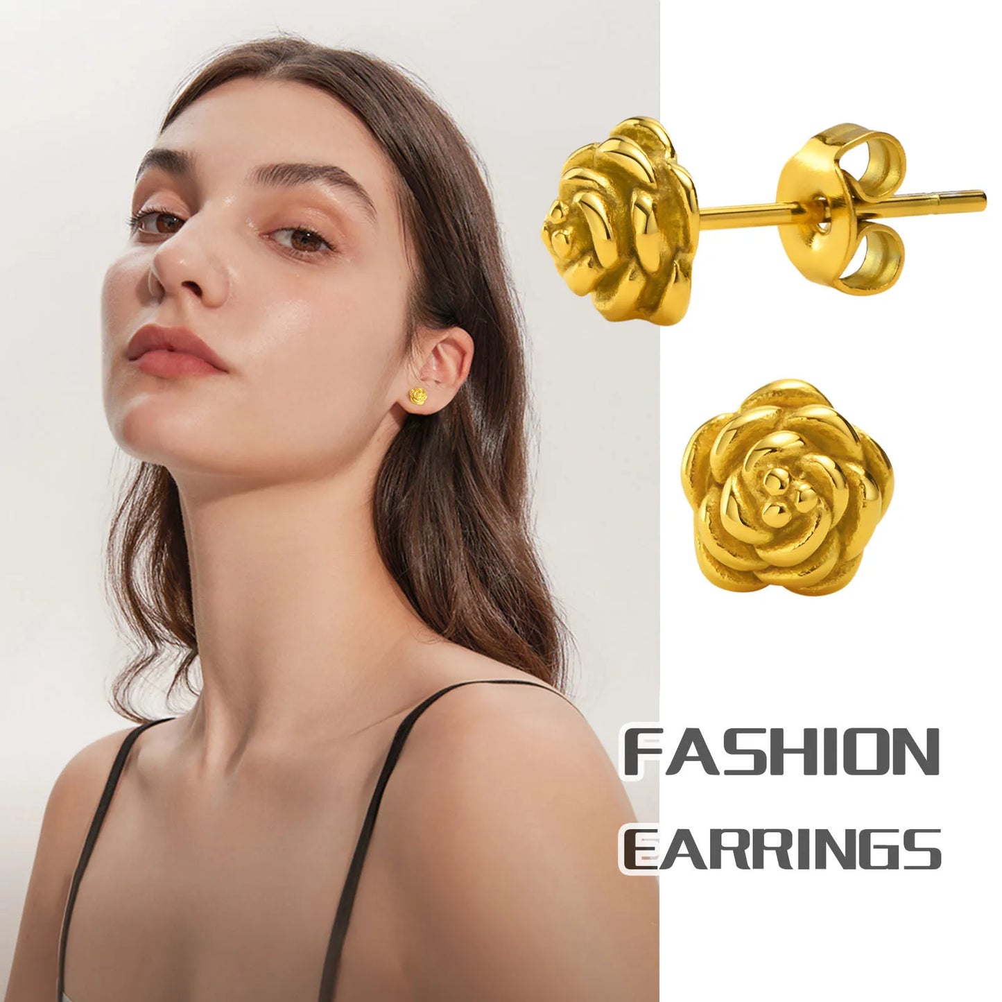 \Rose Flower Stud Earring Stainless Steel Gold Color Petal Earrings Trendy Women Great Gift Idea