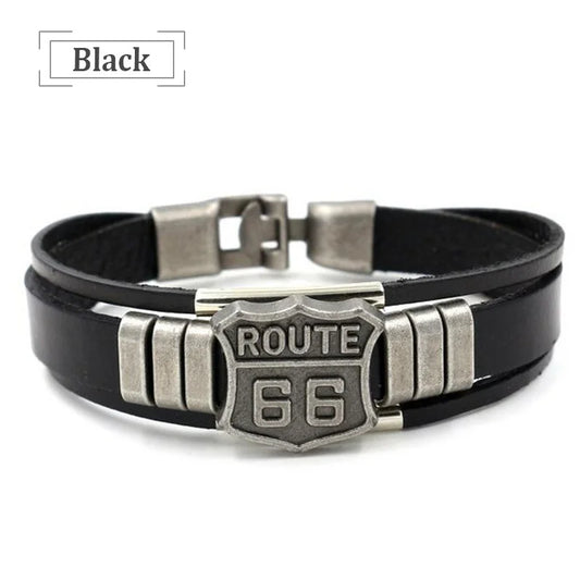 Trendy American Route 66 Printed Pattern Bracelet Men's Bracelet Metal Multilayer Leather Bracelet Accessories New Party Jewelry