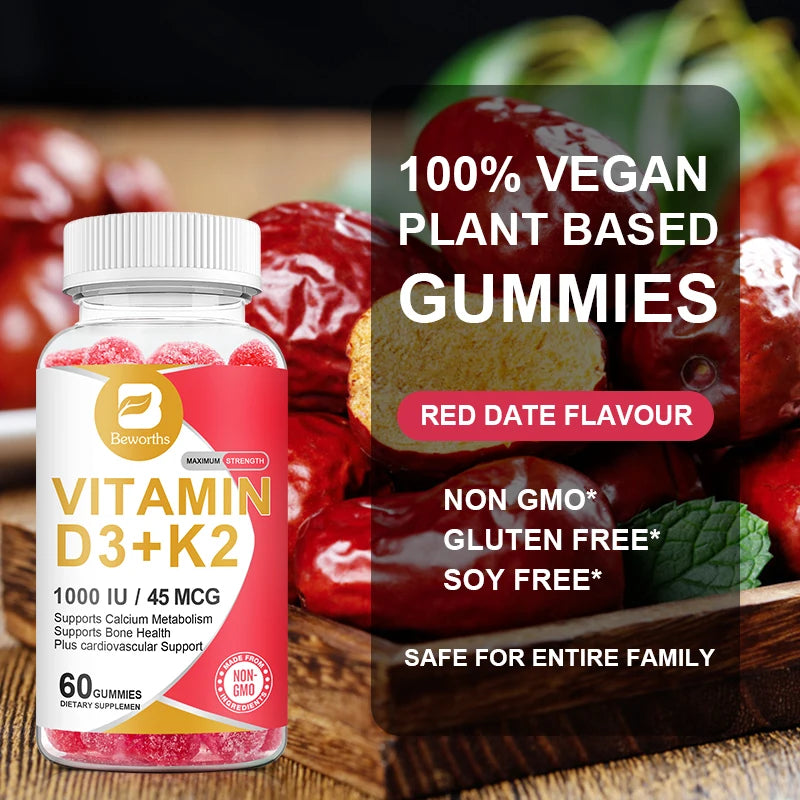 Vitamin D3 K2 Gummies - Supports Healthy Bone, Heart & Calcium Absorption, & Immune Health - Plant Based, Non-GMO