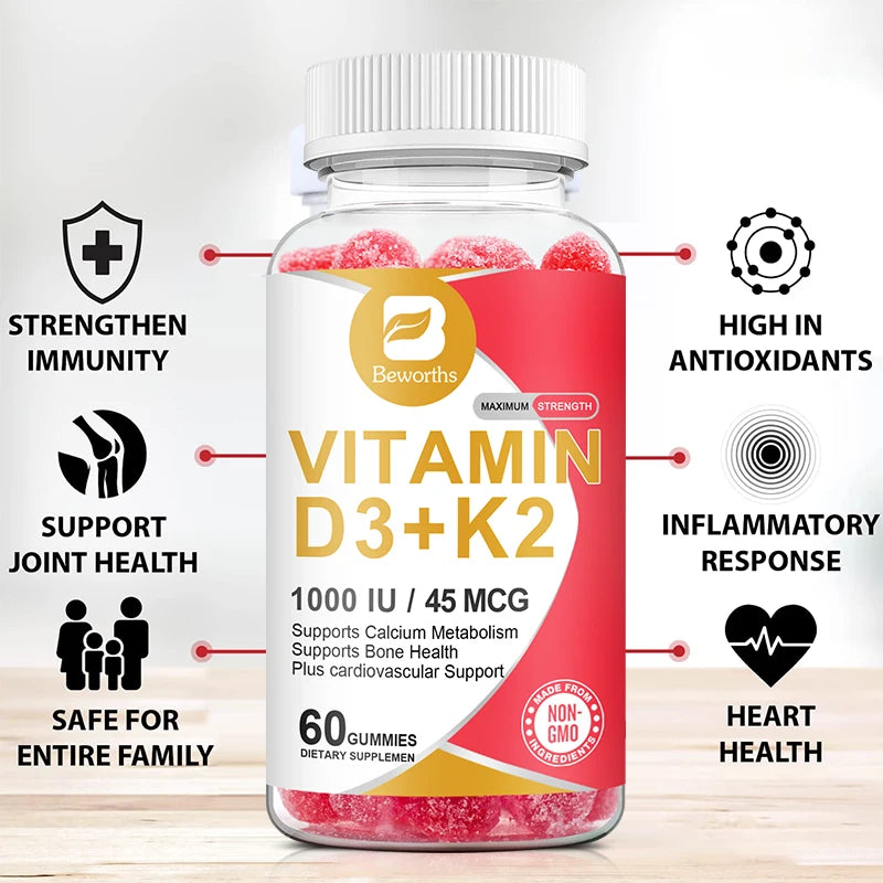 Vitamin D3 K2 Gummies - Supports Healthy Bone, Heart & Calcium Absorption, & Immune Health - Plant Based, Non-GMO