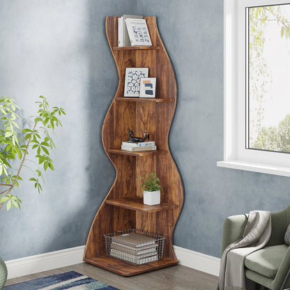 Tribesigns Corner Shelf, Rustic 5-Tier Wall Corner Bookshelf, Stylish Corner Small Bookcase Storage Rack Plant Stand with Unique