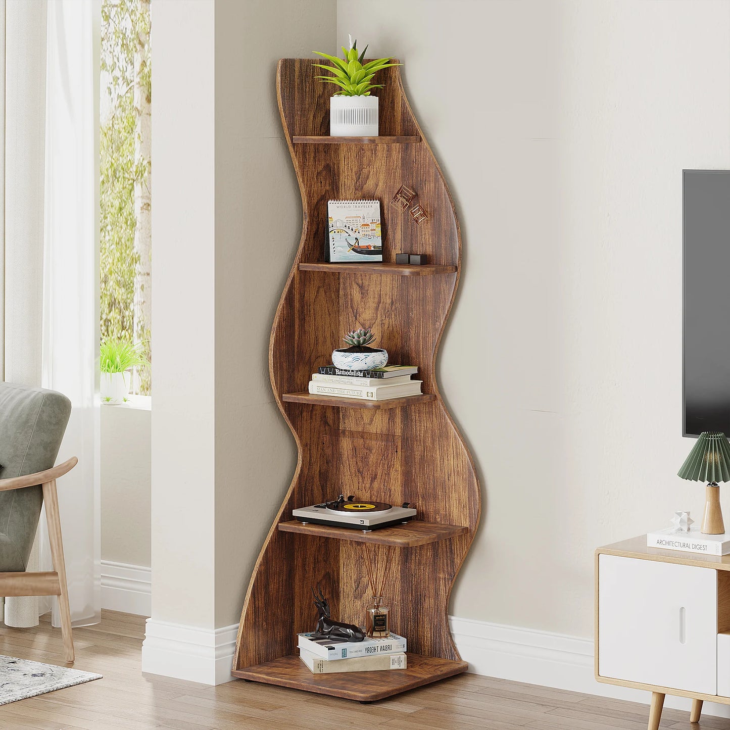 Tribesigns Corner Shelf, Rustic 5-Tier Wall Corner Bookshelf, Stylish Corner Small Bookcase Storage Rack Plant Stand with Unique