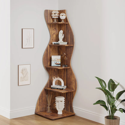 Tribesigns Corner Shelf, Rustic 5-Tier Wall Corner Bookshelf, Stylish Corner Small Bookcase Storage Rack Plant Stand with Unique