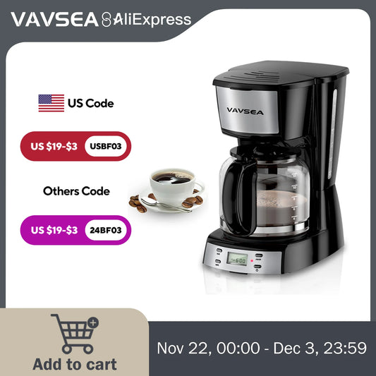 VAVSEA 12 Cup Programmable Coffee Maker, 900W Drip Coffeemaker with Glass Carafe, Auto Shut off, for Home Black