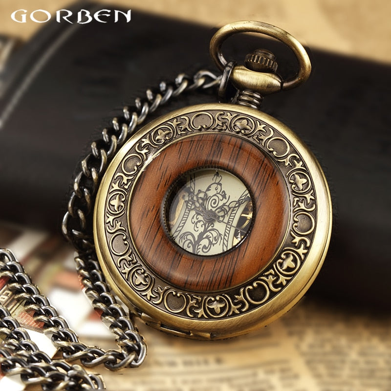 Solid Wood Accent Mechanical Pocket Watch FOB Chain Locket Dial Hollow Steampunk Men Women Clock Watches Box Package