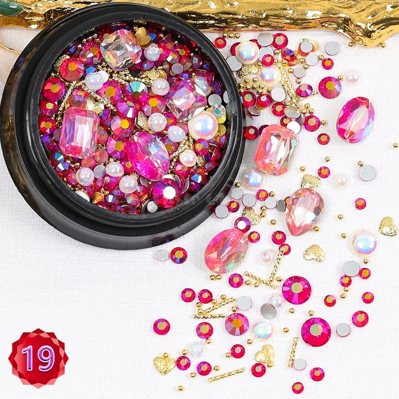 1-PC Mix Glitter Shapes Diamond Pearls Metal Twisted Bar Beads Frosted Heart Nail Art Rhinestones Gems Bling Manicure DIY Nail Art