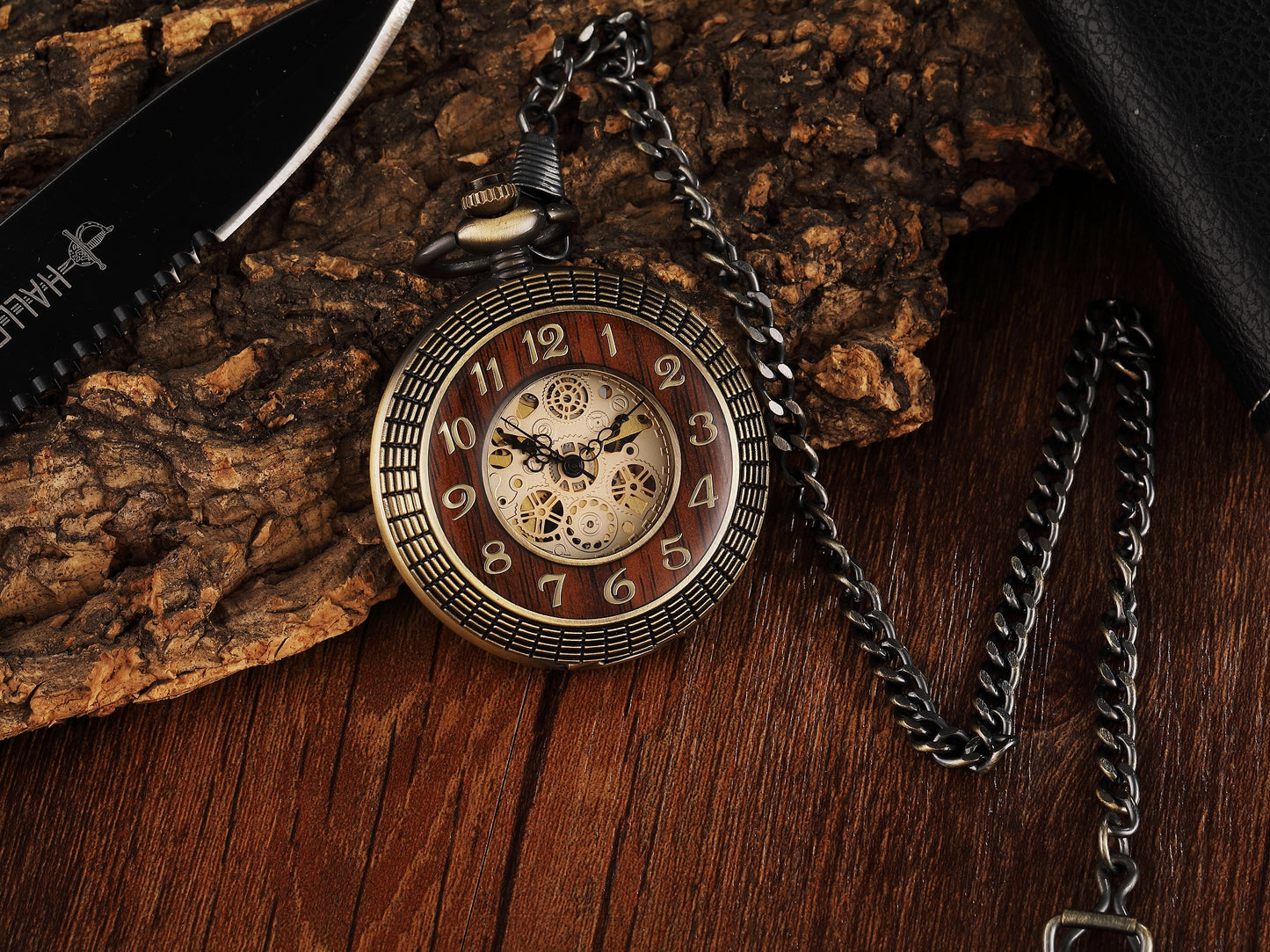 Solid Wood Accent Mechanical Pocket Watch FOB Chain Locket Dial Hollow Steampunk Men Women Clock Watches Box Package