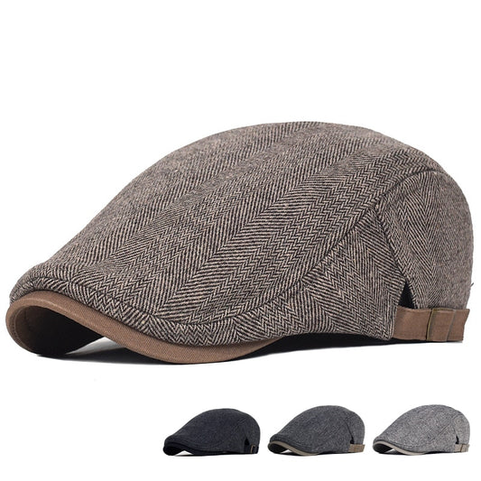 Vintage Style Newsboy Cap Unisex Winter Wool Thick Warm Herringbone Casual Stripe Berets Gatsby Flat Hat Peaked Adjustable Cap