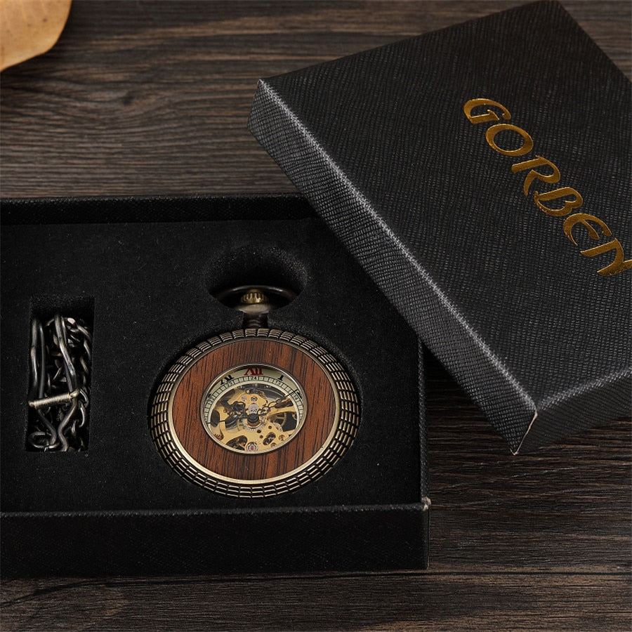 Solid Wood Accent Mechanical Pocket Watch FOB Chain Locket Dial Hollow Steampunk Men Women Clock Watches Box Package