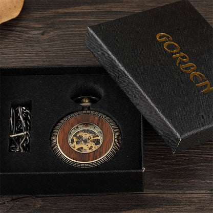 Solid Wood Accent Mechanical Pocket Watch FOB Chain Locket Dial Hollow Steampunk Men Women Clock Watches Box Package