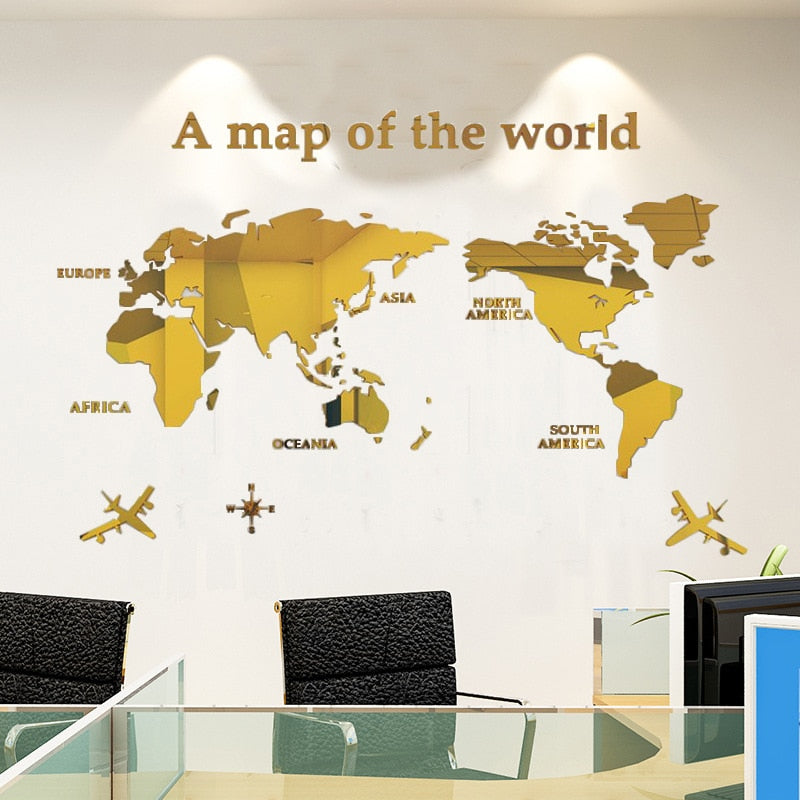 3D World Map Acrylic Solid Piece Waterproof Mold-proof Bedroom Office Wall Decal Sticker for Living Room Classroom Decoration Ideas