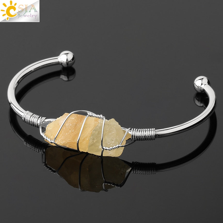 Natural Stone Bangles Cuff Copper Bracelets for Women Gold Silver Color Wire Wrap Irregular Crystal Quartz Jewelry Natures Beauty