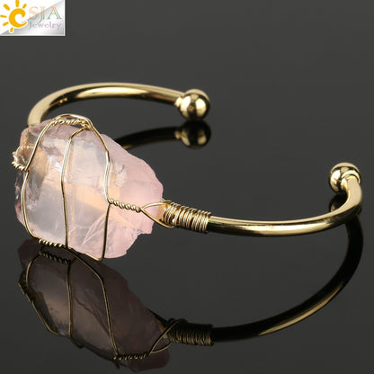 Natural Stone Bangles Cuff Copper Bracelets for Women Gold Silver Color Wire Wrap Irregular Crystal Quartz Jewelry Natures Beauty