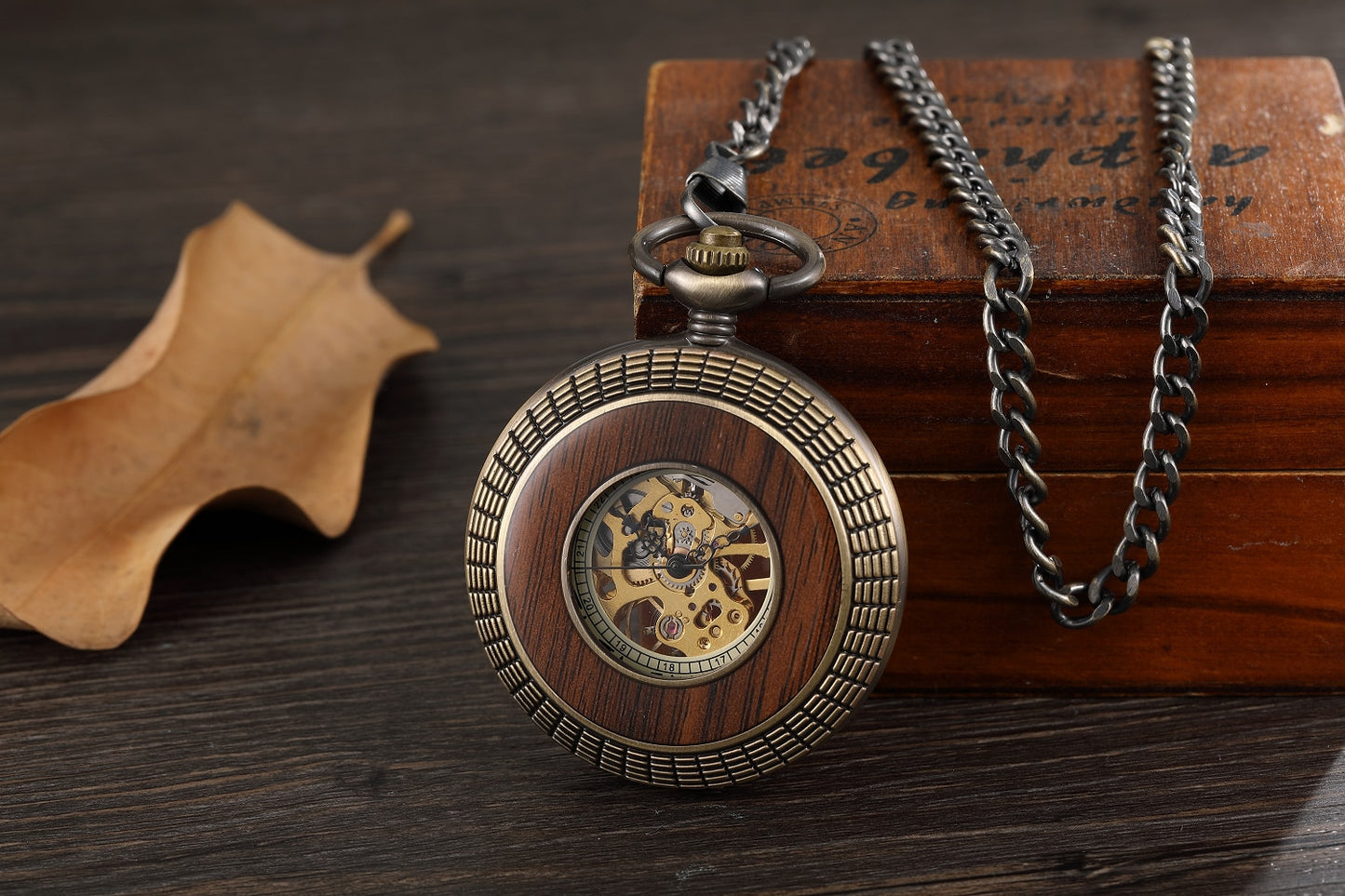 Solid Wood Accent Mechanical Pocket Watch FOB Chain Locket Dial Hollow Steampunk Men Women Clock Watches Box Package