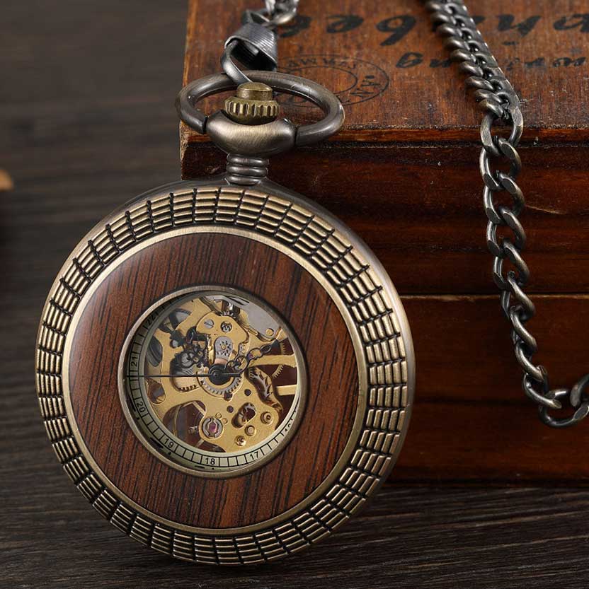 Solid Wood Accent Mechanical Pocket Watch FOB Chain Locket Dial Hollow Steampunk Men Women Clock Watches Box Package