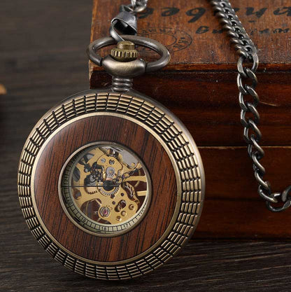 Solid Wood Accent Mechanical Pocket Watch FOB Chain Locket Dial Hollow Steampunk Men Women Clock Watches Box Package