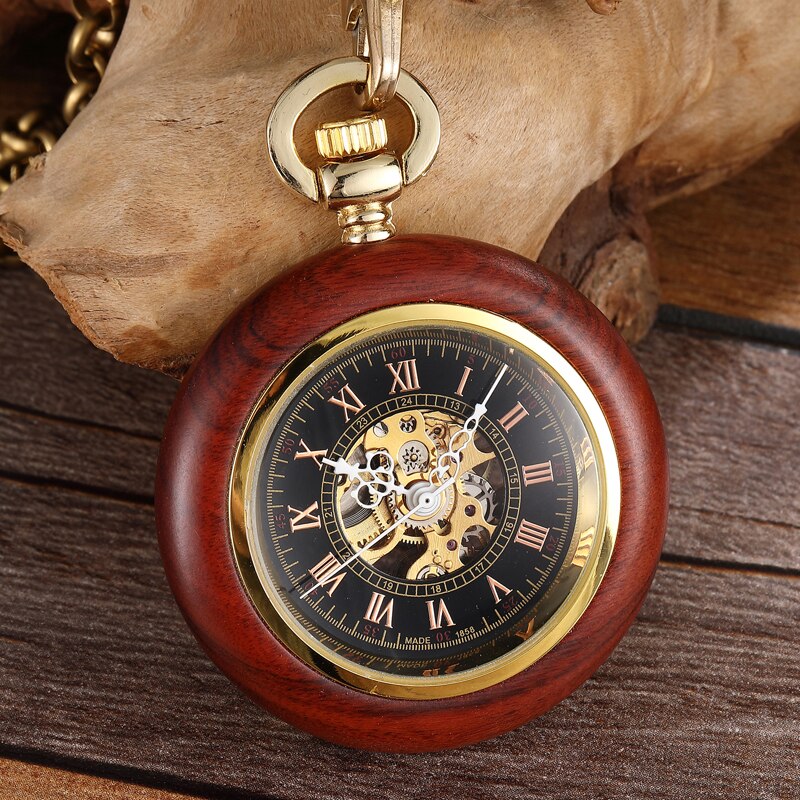 Solid Wood Accent Mechanical Pocket Watch FOB Chain Locket Dial Hollow Steampunk Men Women Clock Watches Box Package