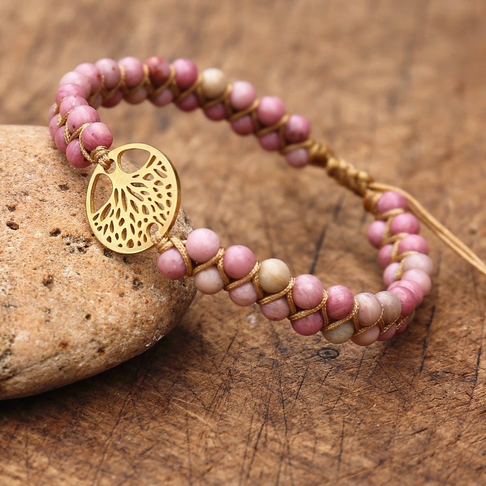 Handmade Charm Bracelet Natural African Stone Beaded Hobo Wrap Bracelet and Bangle Stainless Steel Tree of Life Braided Jewelry