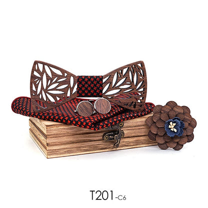 Wooden Bow Tie Handkerchief Set Mens Plaid Bowtie Wood Hollow Carved Cut Out Floral Design And Box Men Fashion Ties