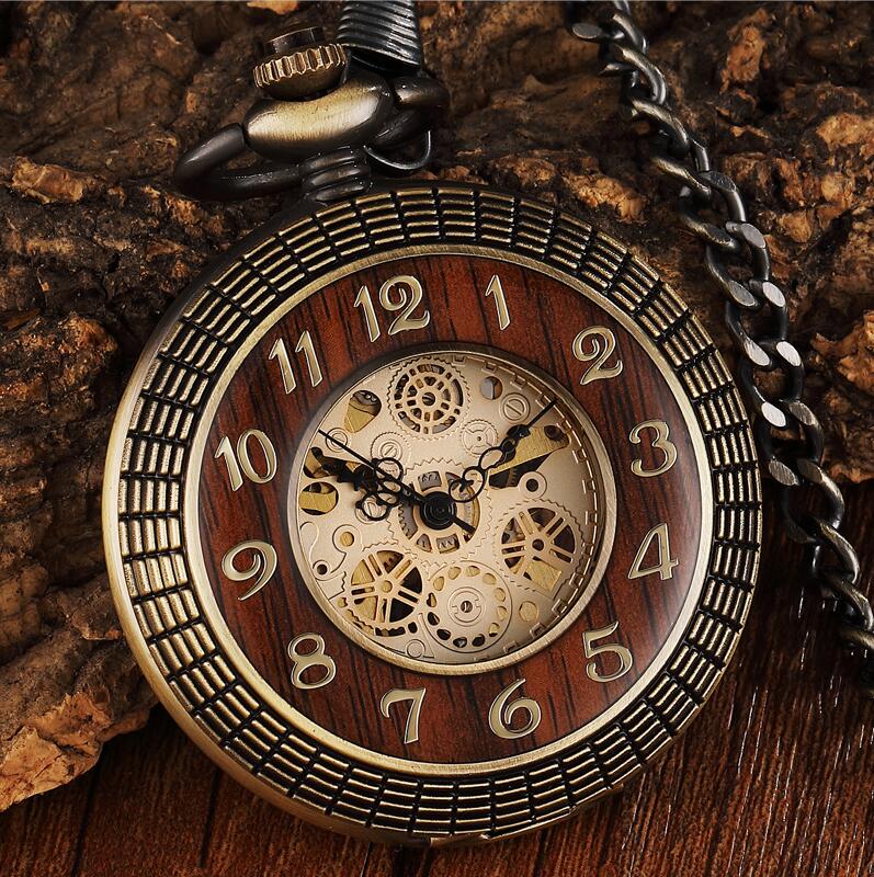 Solid Wood Accent Mechanical Pocket Watch FOB Chain Locket Dial Hollow Steampunk Men Women Clock Watches Box Package