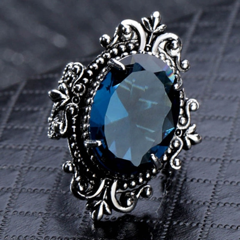 Vintage Fashion Large Sea Blue CZ Stone Ring Crystal Ring For Women Men Wedding Engagement Party Ring Goth Jewelry Great Gift