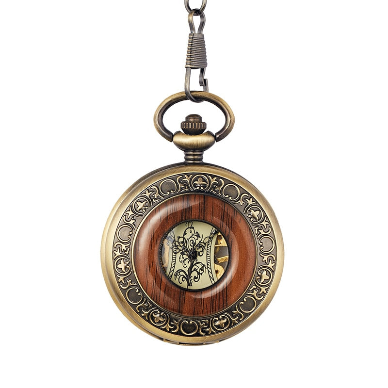 Solid Wood Accent Mechanical Pocket Watch FOB Chain Locket Dial Hollow Steampunk Men Women Clock Watches Box Package