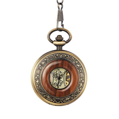 Solid Wood Accent Mechanical Pocket Watch FOB Chain Locket Dial Hollow Steampunk Men Women Clock Watches Box Package