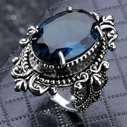 Vintage Fashion Large Sea Blue CZ Stone Ring Crystal Ring For Women Men Wedding Engagement Party Ring Goth Jewelry Great Gift