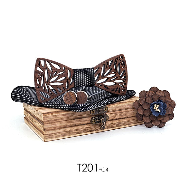 Wooden Bow Tie Handkerchief Set Mens Plaid Bowtie Wood Hollow Carved Cut Out Floral Design And Box Men Fashion Ties