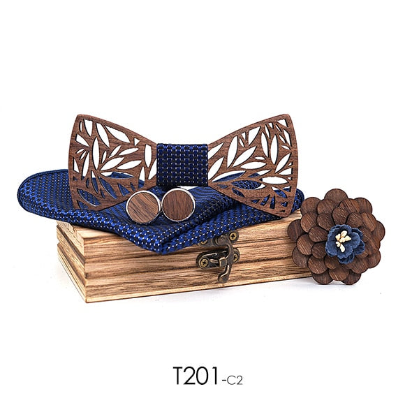 Wooden Bow Tie Handkerchief Set Mens Plaid Bowtie Wood Hollow Carved Cut Out Floral Design And Box Men Fashion Ties