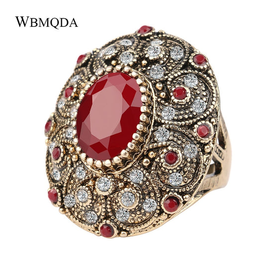 Vintage Indian Style Jewelry Boho Big Red Stone Ring Luxury Crystal Antique Look Gold Plated Diamond Wedding Rings For Women