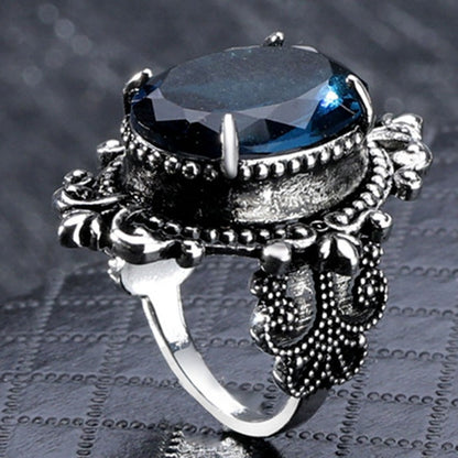 Vintage Fashion Large Sea Blue CZ Stone Ring Crystal Ring For Women Men Wedding Engagement Party Ring Goth Jewelry Great Gift