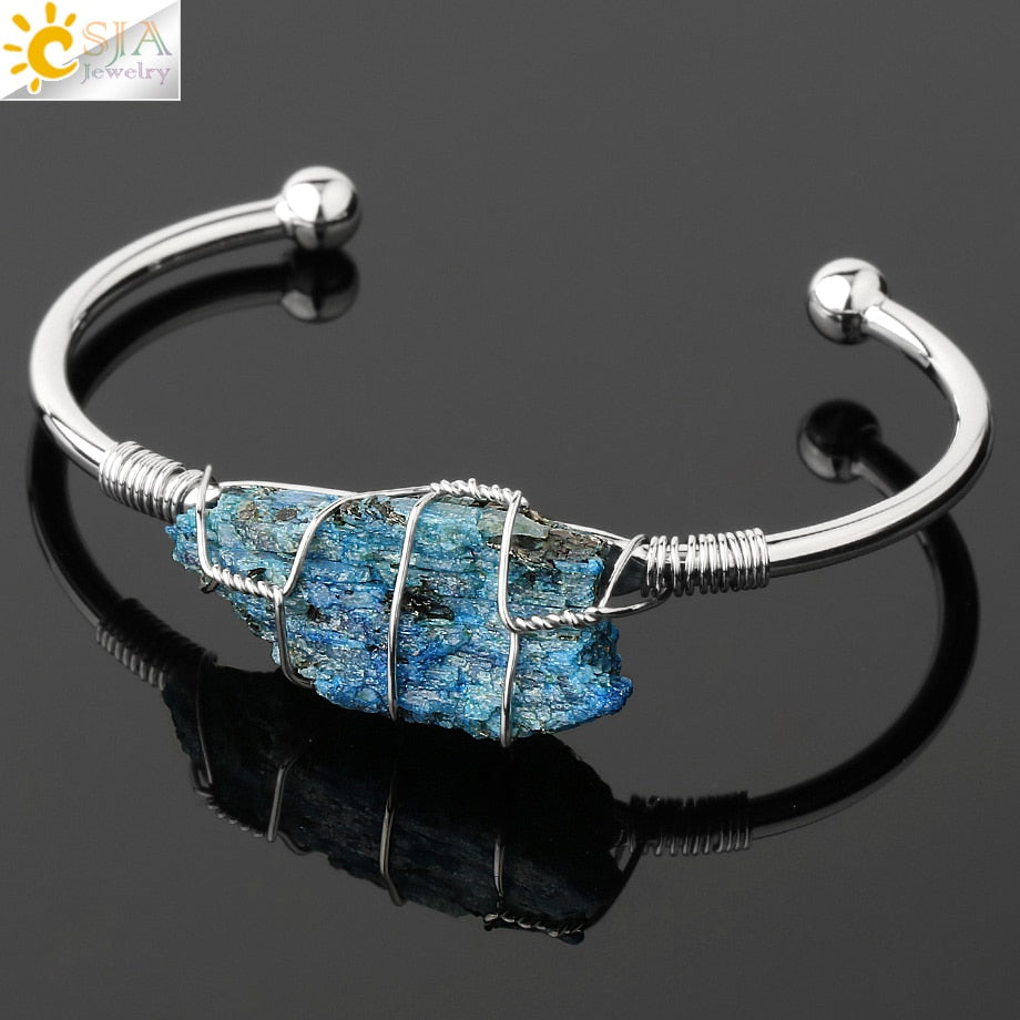 Natural Stone Bangles Cuff Copper Bracelets for Women Gold Silver Color Wire Wrap Irregular Crystal Quartz Jewelry Natures Beauty