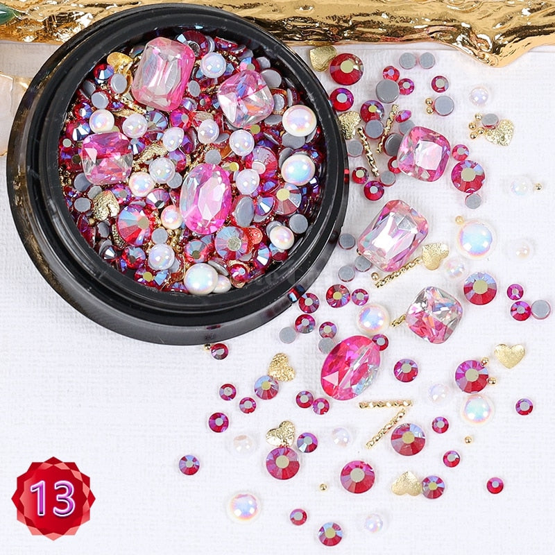 1-PC Mix Glitter Shapes Diamond Pearls Metal Twisted Bar Beads Frosted Heart Nail Art Rhinestones Gems Bling Manicure DIY Nail Art