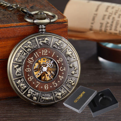 Solid Wood Accent Mechanical Pocket Watch FOB Chain Locket Dial Hollow Steampunk Men Women Clock Watches Box Package