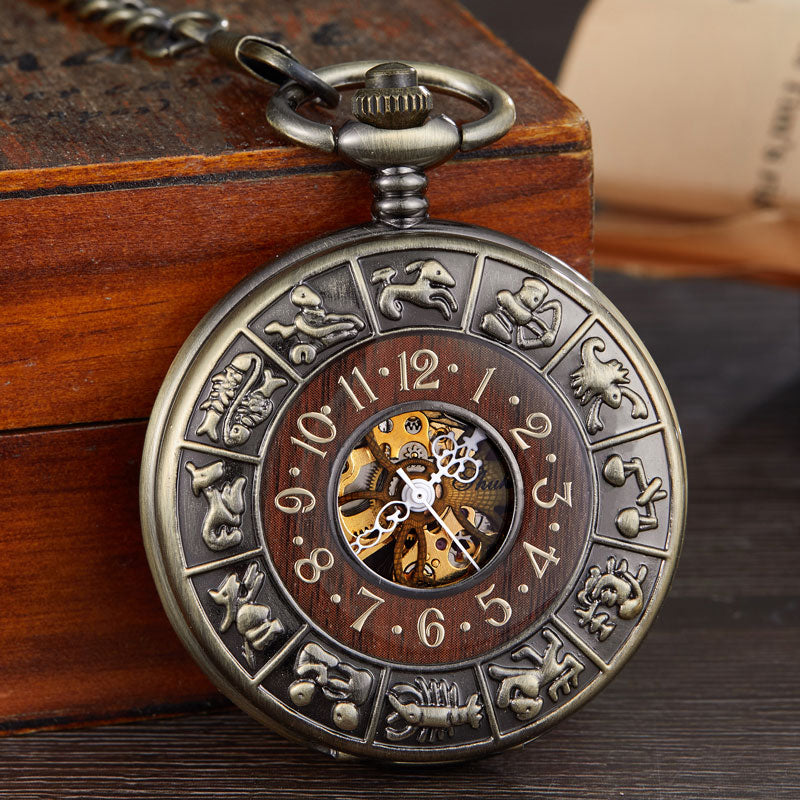 Solid Wood Accent Mechanical Pocket Watch FOB Chain Locket Dial Hollow Steampunk Men Women Clock Watches Box Package