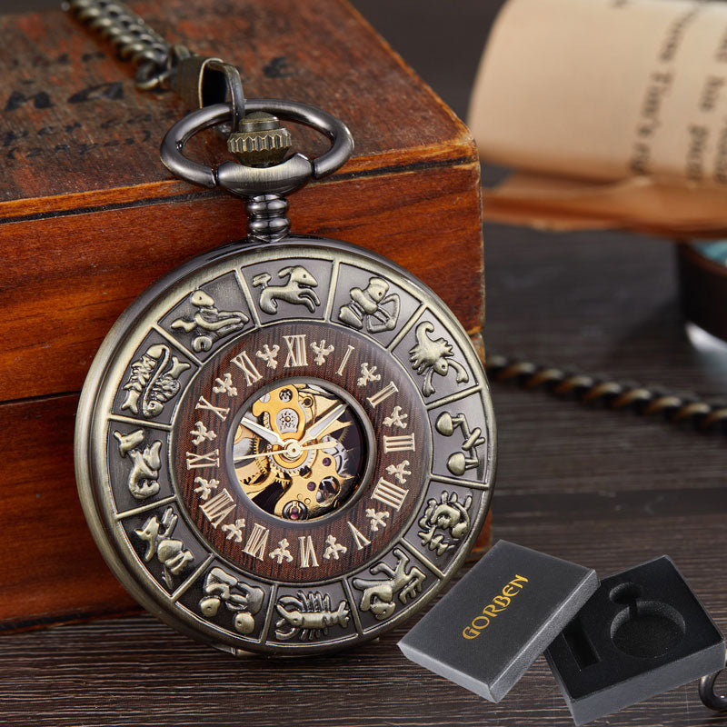 Solid Wood Accent Mechanical Pocket Watch FOB Chain Locket Dial Hollow Steampunk Men Women Clock Watches Box Package