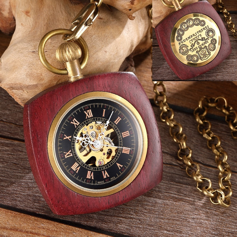 Solid Wood Accent Mechanical Pocket Watch FOB Chain Locket Dial Hollow Steampunk Men Women Clock Watches Box Package