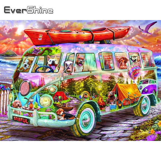 Full Square or Round Drill Diamond Embroidery Bus Landscape Diamond Painting Animal Dog Cross Stitch Cartoon Childrens Gifts