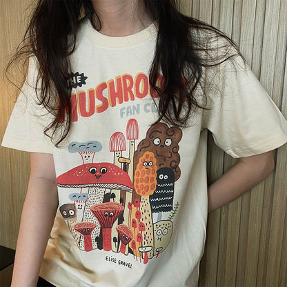 Mushroom Fan Club T-Shirts Cotton Material Retro Apricot Mushroom Cute Casual Summer Woman T-Shirt Fashion Streetwear