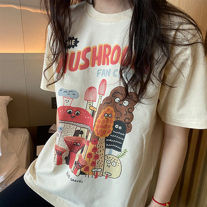 Mushroom Fan Club T-Shirts Cotton Material Retro Apricot Mushroom Cute Casual Summer Woman T-Shirt Fashion Streetwear