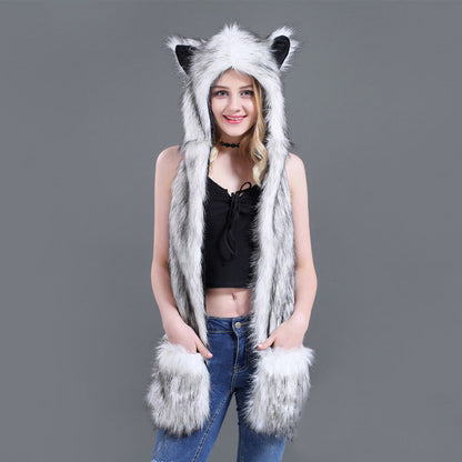 10 Styles Faux Fur Hood Animal Hat Ear Flaps Hand Pockets 3 in1 Animal Hat Wolf Plush Warm Earmuff Animal Cap with Scarf Gloves