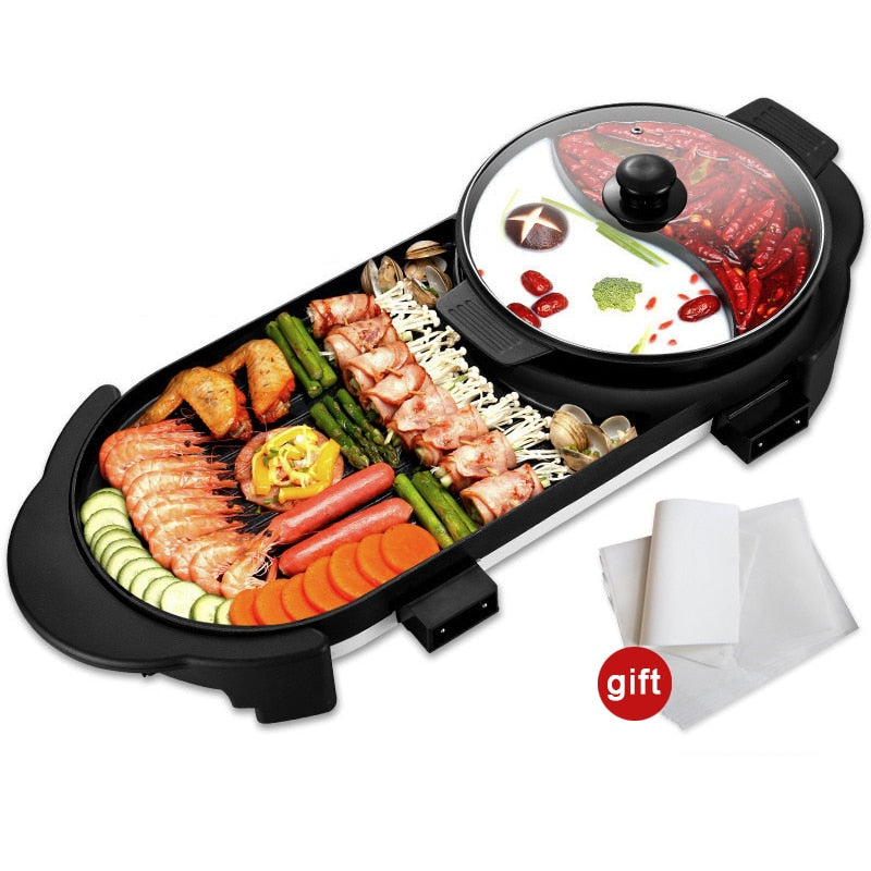 Electric Heating BBQ Household Grill Disconnected Two flavor Hot Pot Smokeless Barbecue Machine Electric Oven Cabob Machine