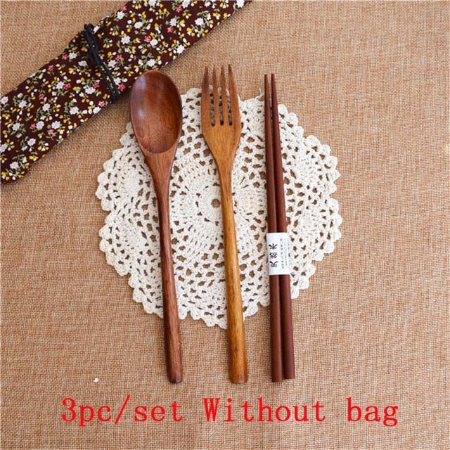 Wood Portable Tableware Wooden Cutlery Sets Travel Dinnerware Suit Environmental with Cloth Pack Gift