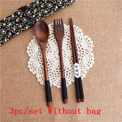 Wood Portable Tableware Wooden Cutlery Sets Travel Dinnerware Suit Environmental with Cloth Pack Gift