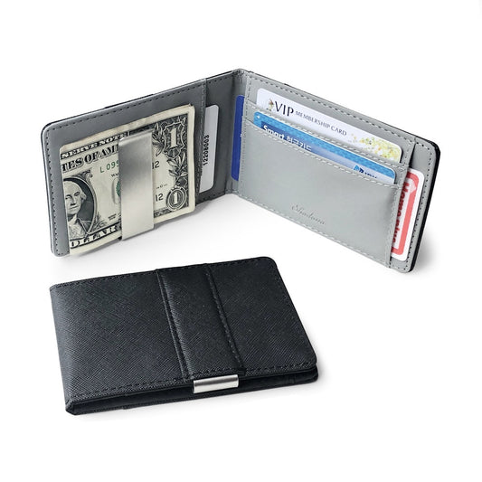 Men's Thin Bi-fold Money Clip Leather Wallet With A Metal Clamp Female ID Credit Card Purse Cash Holder