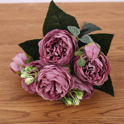 30cm Rose Pink Silk Peony Artificial Bouquet Flowers 5 Big Heads 4 Small Bud Bride Wedding Home Decoration Fake Flowers Faux