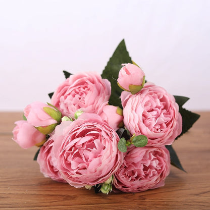 30cm Rose Pink Silk Peony Artificial Bouquet Flowers 5 Big Heads 4 Small Bud Bride Wedding Home Decoration Fake Flowers Faux